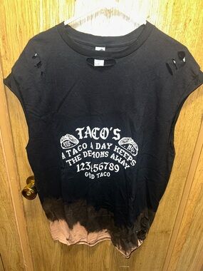 Custom Graphic Taco Tank Top — Black with Bleached Hem